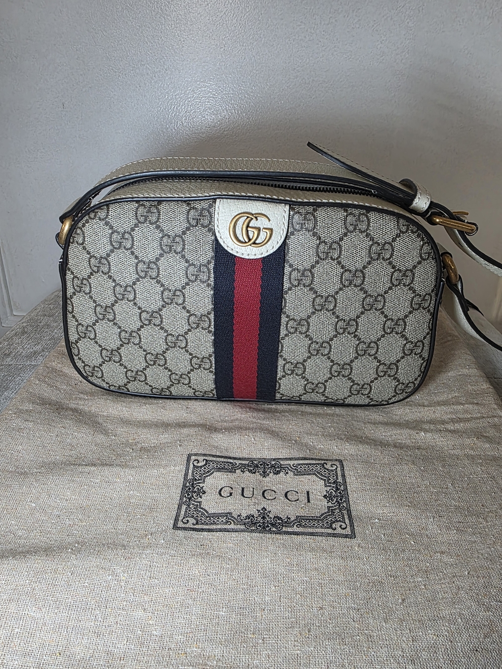 Gucci GG Supreme Crossbody with Red and Blue Web Stripe